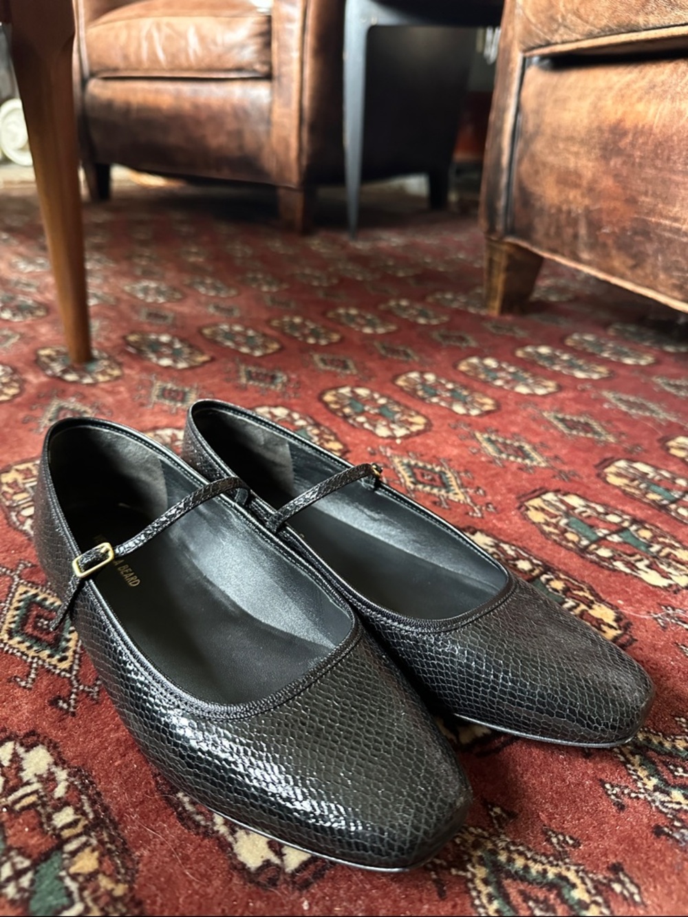 Veronica Beard Black Textured Ellie Mary Jane Flats with Gold Buckle